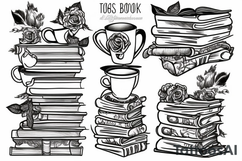 three books, a cup of tea tattoo idea