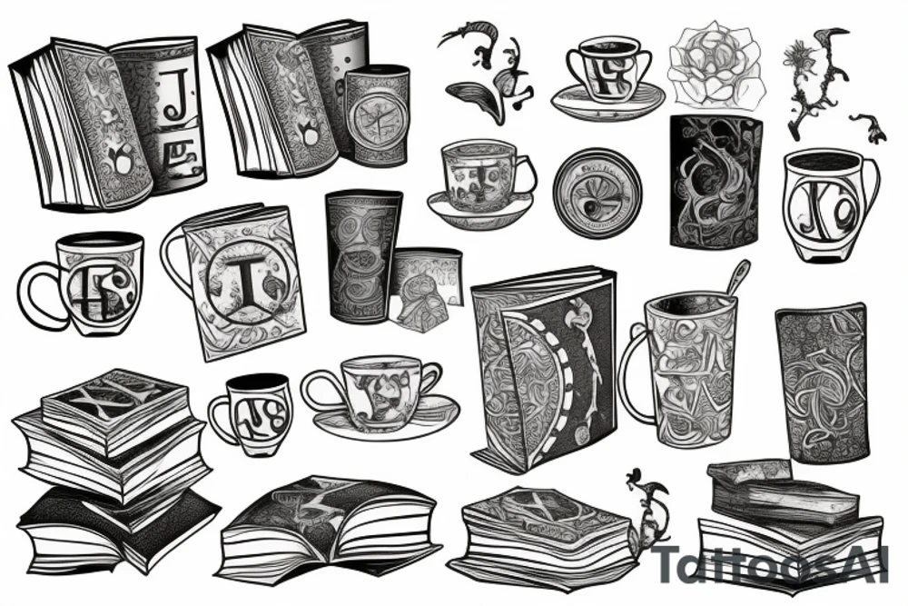 three books, a cup of tea in them tattoo idea