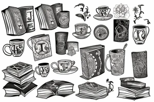 three books, a cup of tea in them tattoo idea