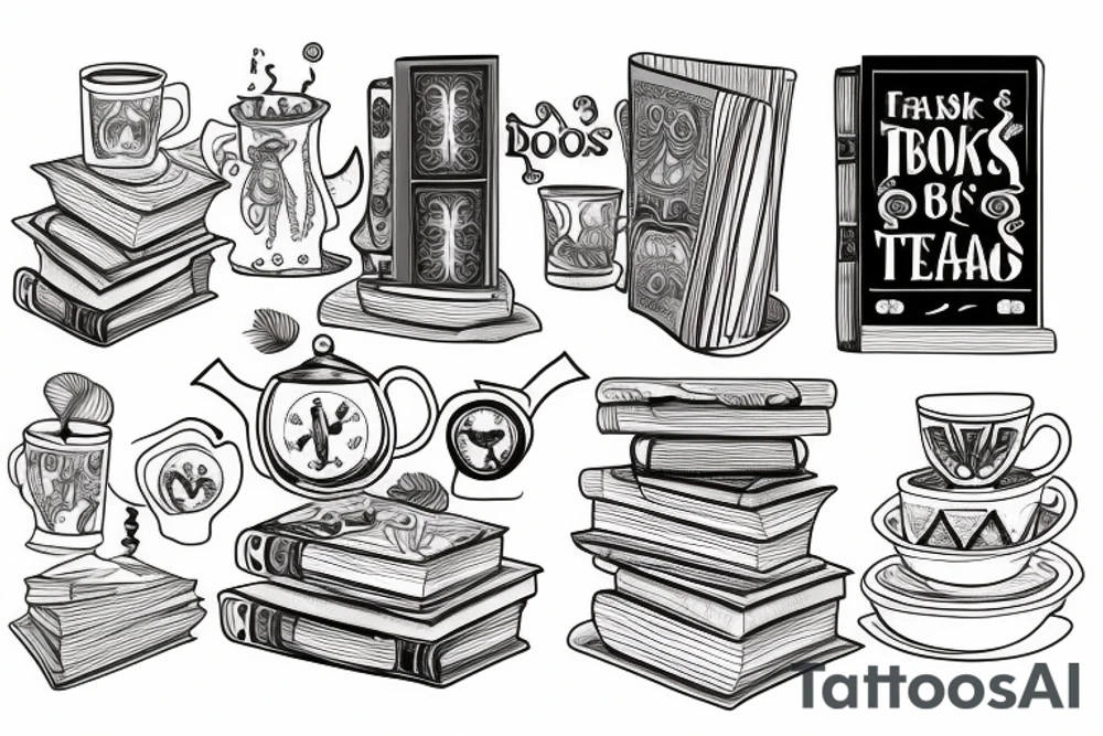 three books, a cup of tea in them tattoo idea