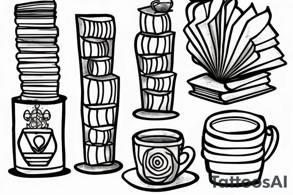 Book tower with a cup of tea on the top tattoo idea