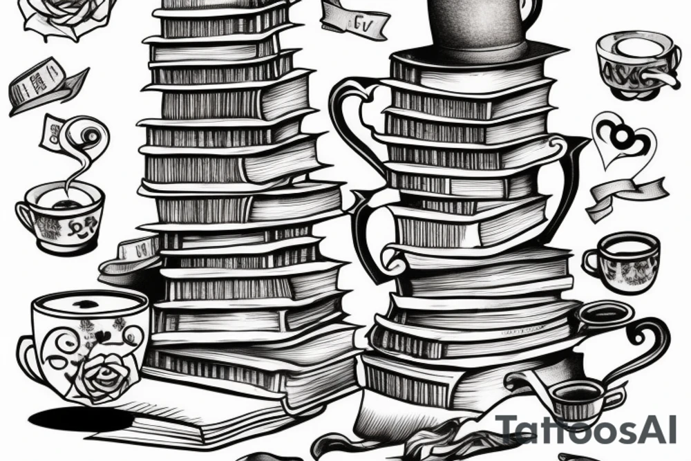 Book tower with a cup of tea on the top tattoo idea
