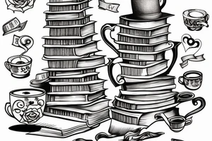 Book tower with a cup of tea on the top tattoo idea