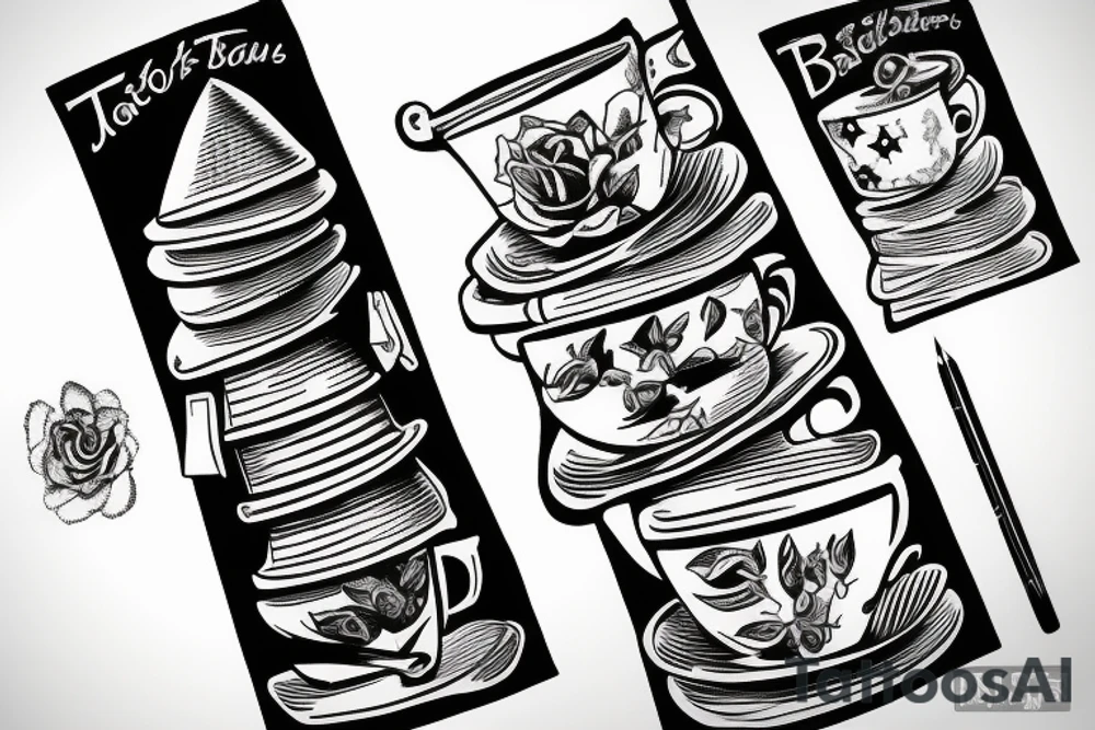 Book tower with a cup of tea on the top tattoo idea