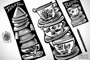 Book tower with a cup of tea on the top tattoo idea