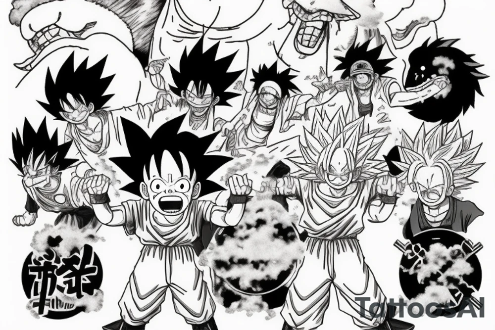 I want the nimbus cloud of dragonball and the straw hat that luffy wears from One Piece as an black and white tattoo tattoo idea