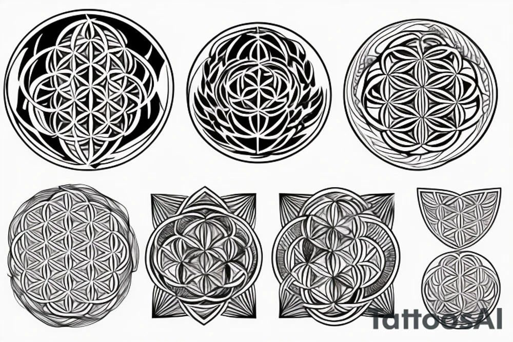 Link the symbols together with three lines as a band metatron cube, seed of life and flower of life tattoo idea