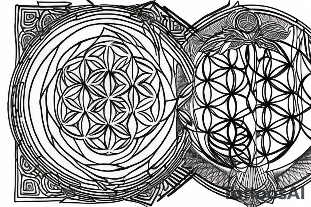 Link the symbols together with three lines as a band metatron cube, seed of life and flower of life tattoo idea