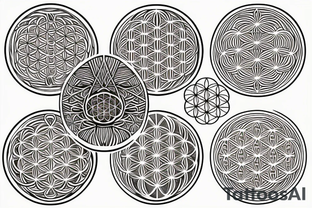 Link the symbols with three lines as a band with space between each symbol 
metatrons cube, seed of life and flower of life tattoo idea