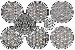 Link the symbols with three lines as a band with space between each symbol 
metatrons cube, seed of life and flower of life tattoo idea
