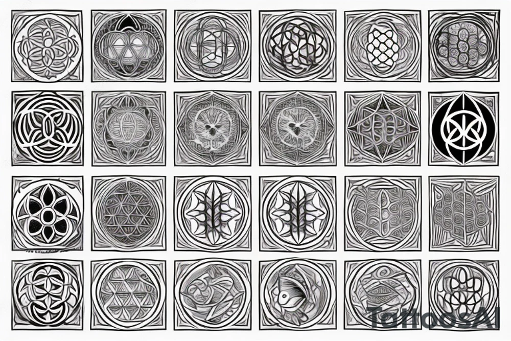 Link the symbols with three lines as a band with space between each symbol 
metatrons cube, seed of life and flower of life tattoo idea