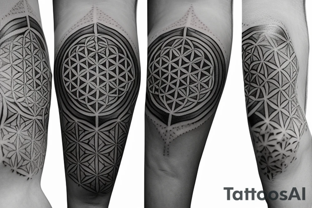Connect these three symbols with 3 lines and space between each object Metatron cube, flower of life and seed of life tattoo idea