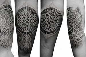 Connect these three symbols with 3 lines and space between each object Metatron cube, flower of life and seed of life tattoo idea
