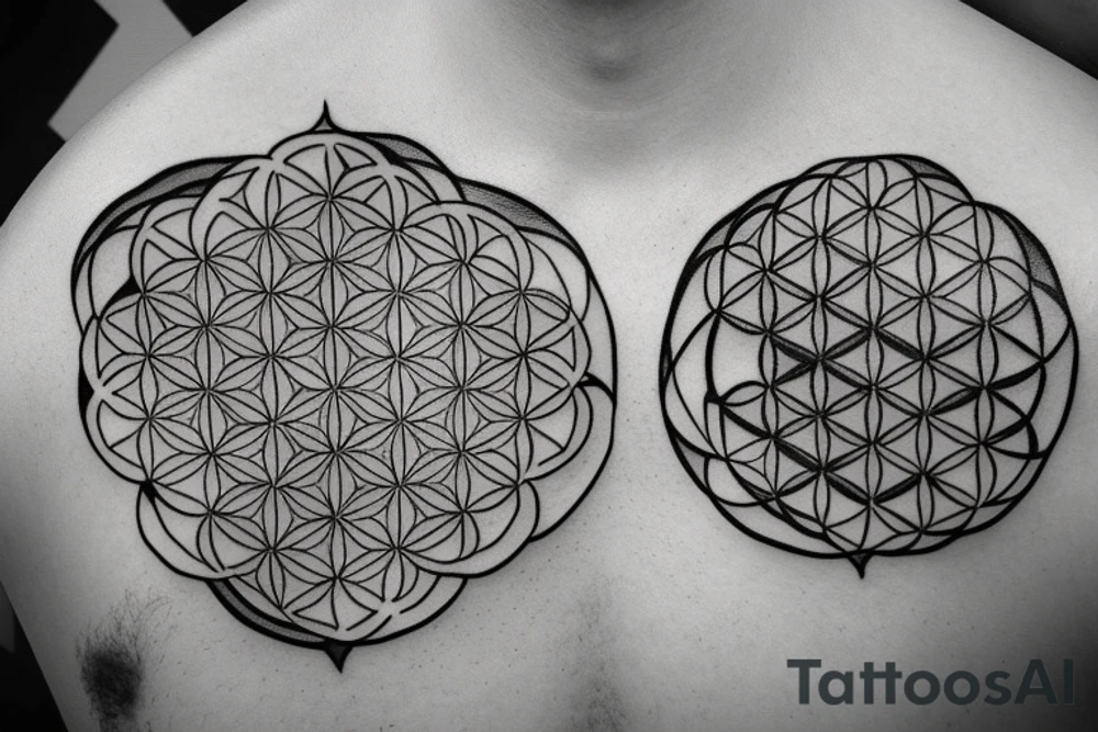 Connect these three symbols with 3 lines and space between each object Metatron cube, flower of life and seed of life tattoo idea