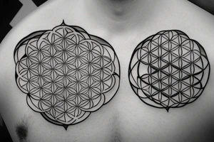 Connect these three symbols with 3 lines and space between each object Metatron cube, flower of life and seed of life tattoo idea