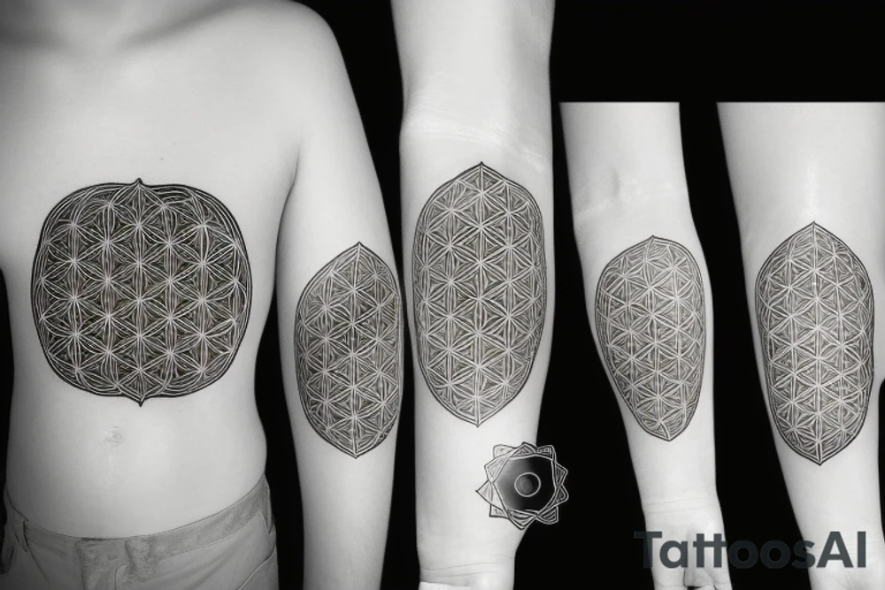 Connect these three symbols with 3 lines and space between each object Metatron cube, flower of life and seed of life tattoo idea
