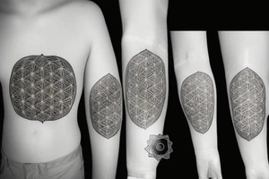 Connect these three symbols with 3 lines and space between each object Metatron cube, flower of life and seed of life tattoo idea