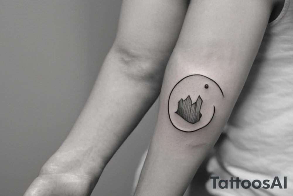 Unalome tattoo for the forearm, about 2 inches wide and 5 inches long. A sun and a moon should be integrated in the tattoo. The inflection points should be waves and mountains. the path of life should also cross through trees. tattoo idea