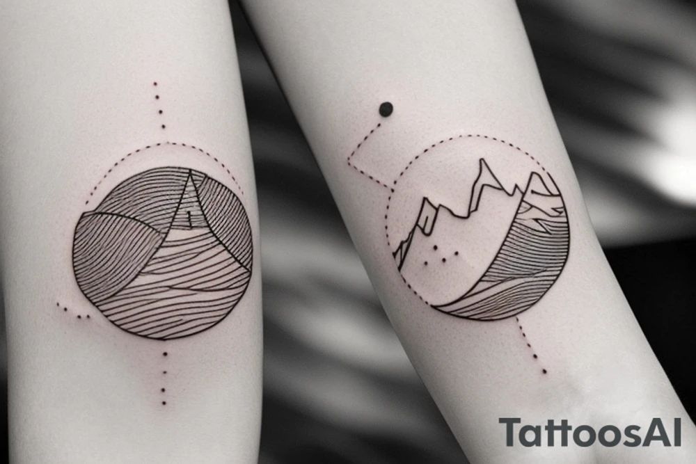 Unalome tattoo for the forearm, about 2 inches wide and 5 inches long. A sun and a moon should be integrated in the tattoo. The inflection points should be waves and mountains. the path of life should also cross through trees. tattoo idea