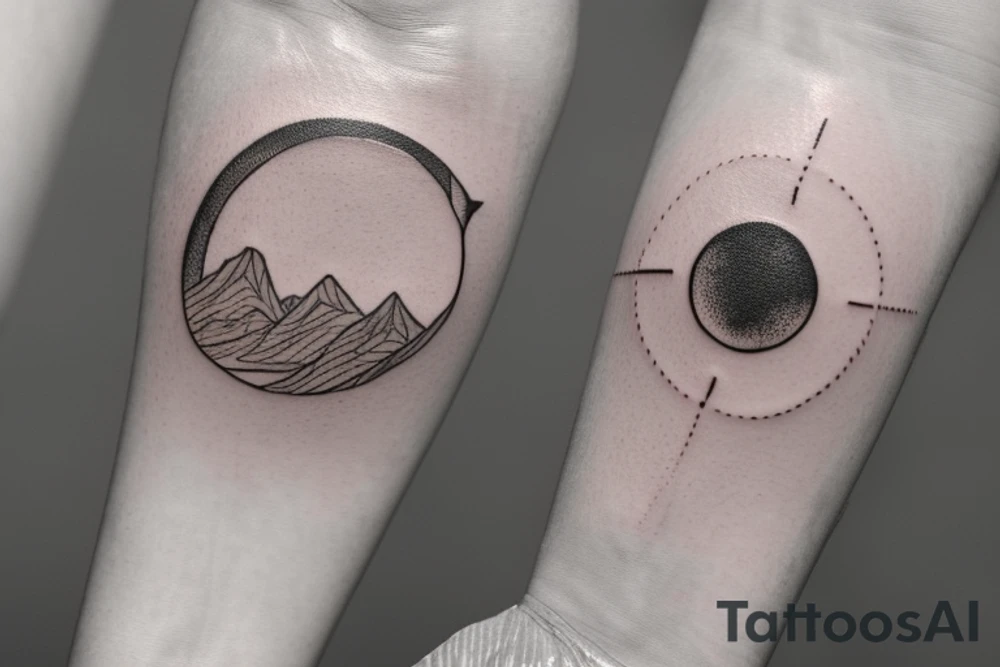 Unalome tattoo for the forearm, about 2 inches wide and 5 inches long. A sun and a moon should be integrated in the tattoo.
The path of the unalome should go through mountains, then waves, then trees before reaching the dots at the end tattoo idea