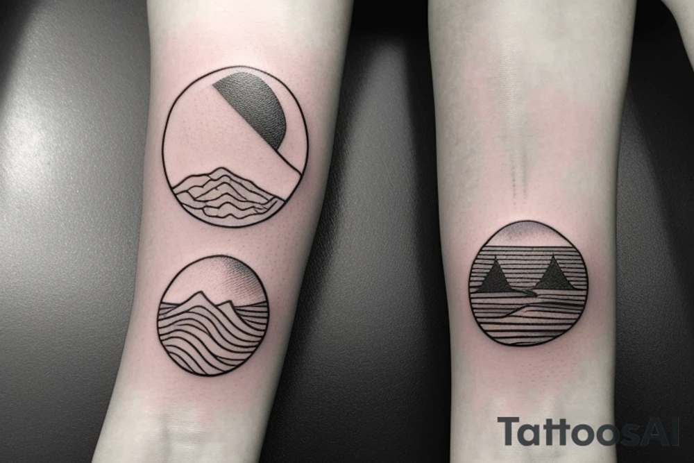 Unalome tattoo for the forearm, about 2 inches wide and 5 inches long. A sun and a moon should be integrated in the tattoo.
The path of the unalome should go through mountains, then waves, then trees before reaching the dots at the end tattoo idea