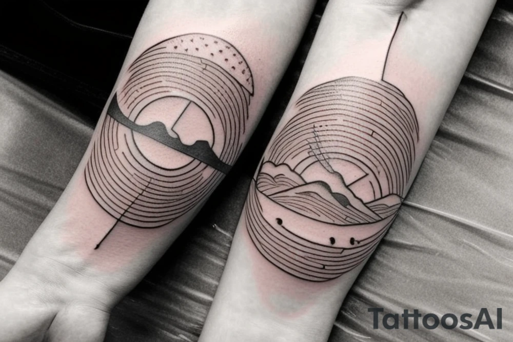 Unalome tattoo for the forearm, about 2 inches wide and 5 inches long. A sun and a moon should be integrated in the tattoo.
The path of the unalome should go through mountains, then waves, then trees before reaching the dots at the end tattoo idea