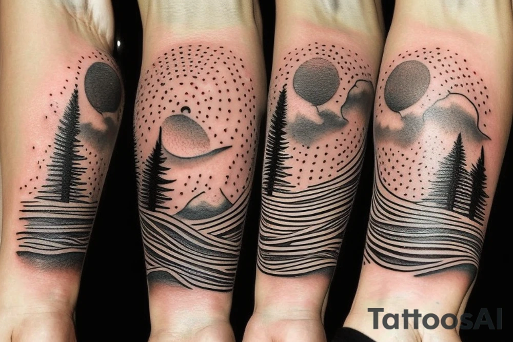 Unalome tattoo for the forearm, about 2 inches wide and 5 inches long. A sun and a moon should be integrated in the tattoo.
The path of the unalome should go through mountains, then waves, then trees before reaching the dots at the end tattoo idea