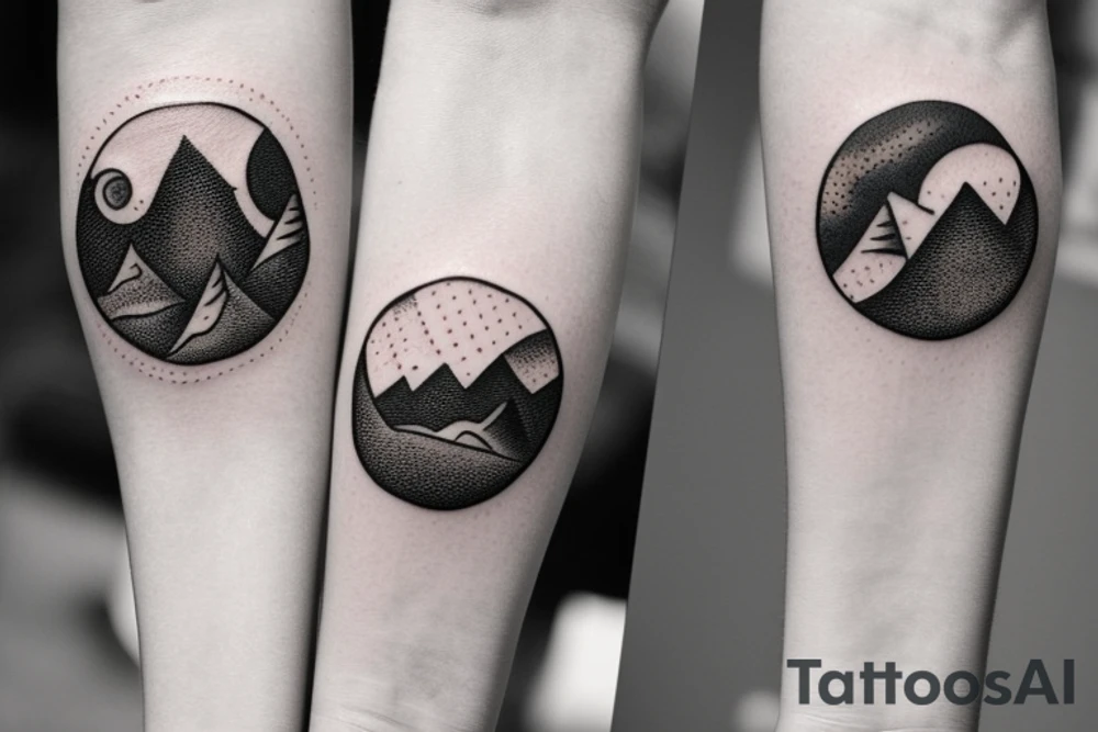 Unalome tattoo for the forearm, about 2 inches wide and 5 inches long. A sun and a moon should be integrated in the tattoo.
The path of the unalome should go through mountains, then waves, then trees before reaching the dots at the end tattoo idea