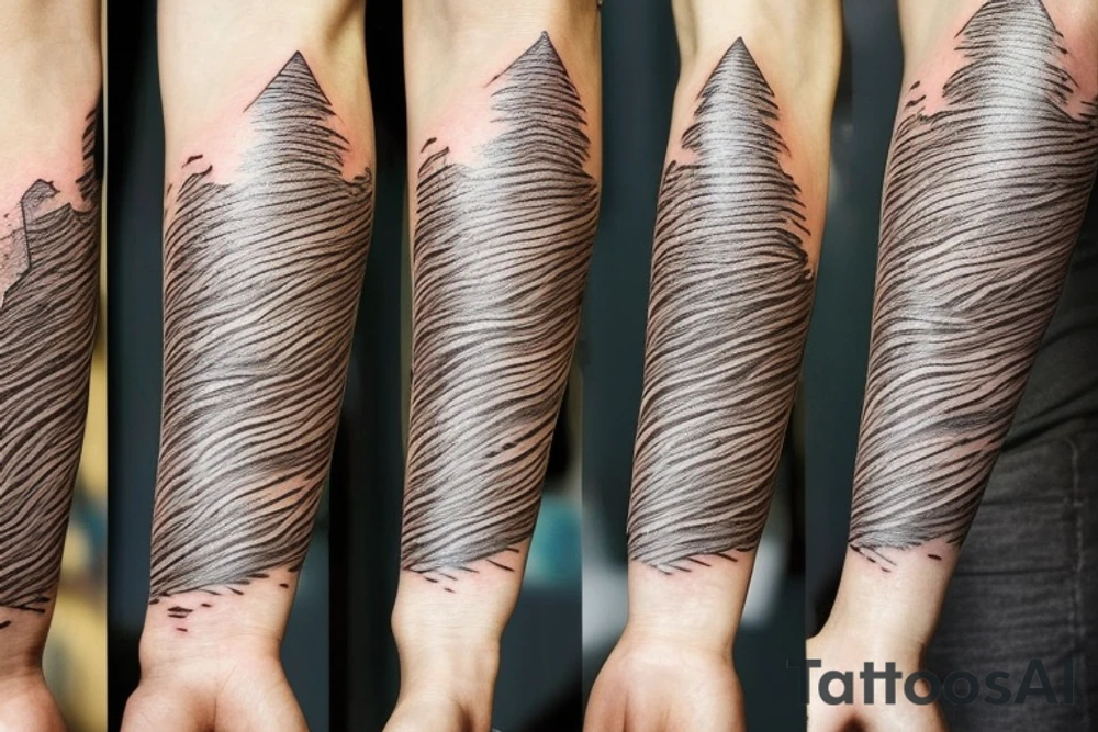 Unalome tattoo for the forearm, about 2 inches wide and 5 inches long. A sun and a moon should be integrated in the tattoo.
The path of the unalome should go through mountains, then waves, then trees before reaching the dots at the end tattoo idea