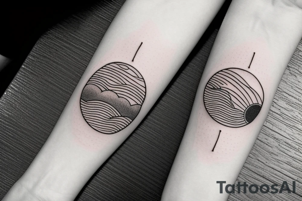 thin tattoo for the forearm, about 1.5  inches wide and 5 inches long. the tattoo should have waves, trees, mountains, sun, and moon tattoo idea