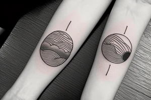 thin tattoo for the forearm, about 1.5  inches wide and 5 inches long. the tattoo should have waves, trees, mountains, sun, and moon tattoo idea