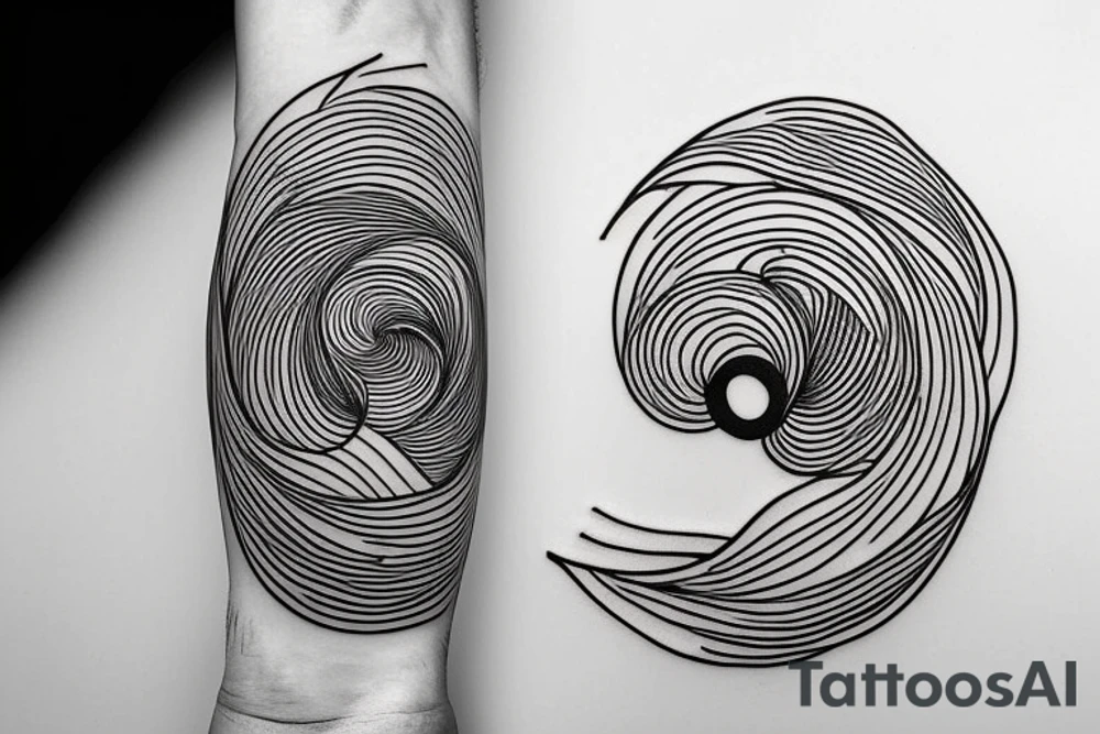 thin tattoo for the forearm, about 1.5  inches wide and 5 inches long. the tattoo should have waves, trees, mountains, sun, and moon, Add a spiral. tattoo idea