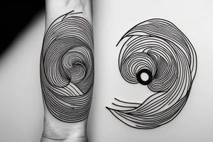 thin tattoo for the forearm, about 1.5  inches wide and 5 inches long. the tattoo should have waves, trees, mountains, sun, and moon, Add a spiral. tattoo idea