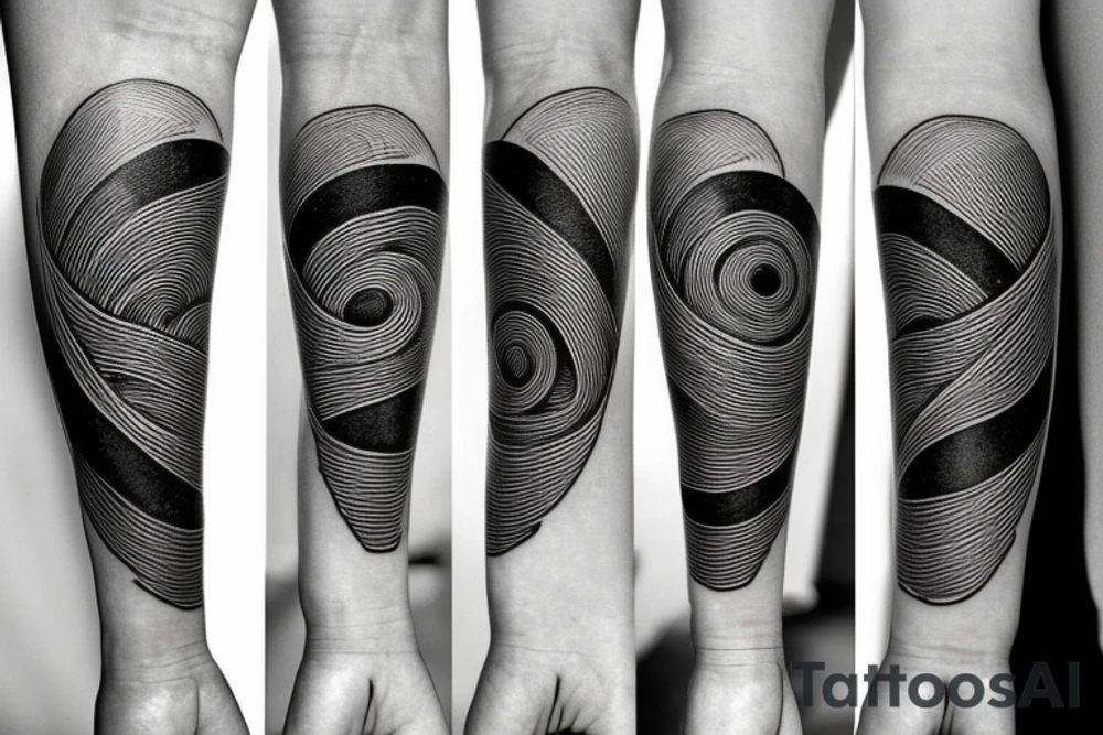 thin tattoo for the forearm, about 1.5  inches wide and 5 inches long. the tattoo should have waves, trees, mountains, sun, and moon, Add a spiral. tattoo idea