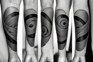 thin tattoo for the forearm, about 1.5  inches wide and 5 inches long. the tattoo should have waves, trees, mountains, sun, and moon, Add a spiral. tattoo idea
