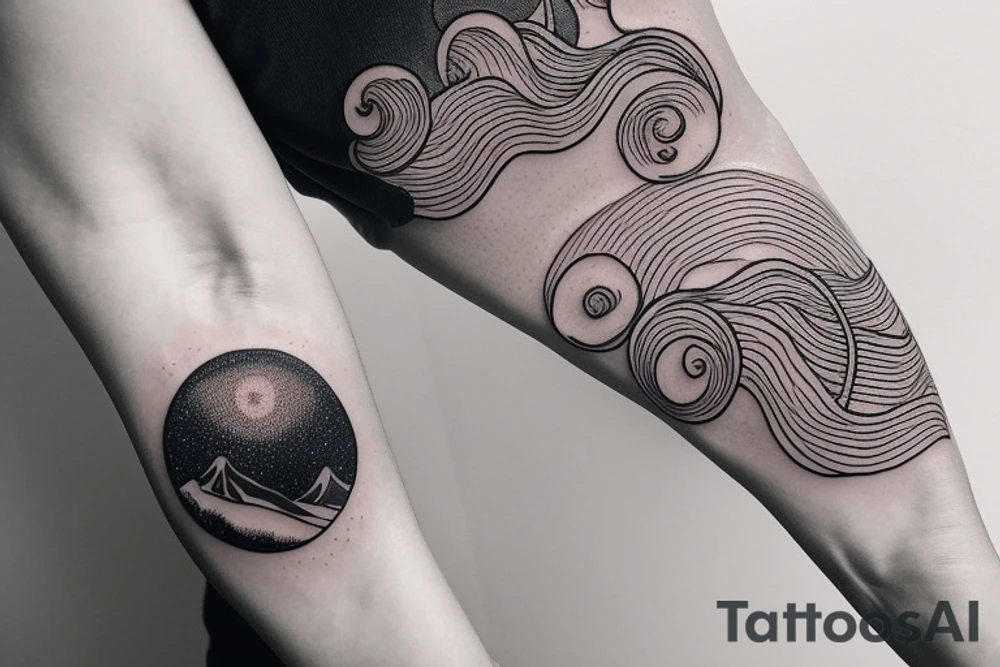 thin tattoo for the forearm, about 1.5  inches wide and 5 inches long. the tattoo should have waves, trees, mountains, sun, and moon and a small spiral. tattoo idea