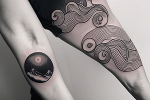thin tattoo for the forearm, about 1.5  inches wide and 5 inches long. the tattoo should have waves, trees, mountains, sun, and moon and a small spiral. tattoo idea