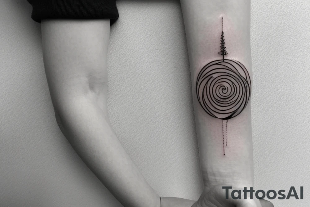 thin tattoo for the forearm, about 1.5  inches wide and 5 inches long. the tattoo should have waves, trees, mountains, sun, and moon and a small spiral. tattoo idea