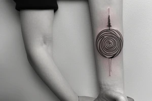 thin tattoo for the forearm, about 1.5  inches wide and 5 inches long. the tattoo should have waves, trees, mountains, sun, and moon and a small spiral. tattoo idea
