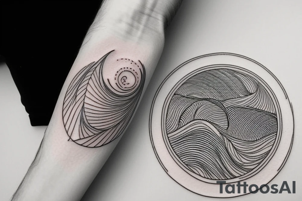 thin tattoo for the forearm, about 1.5  inches wide and 5 inches long. the tattoo should have waves, trees, mountains, sun, and moon and a small fibonacci spiral. tattoo idea