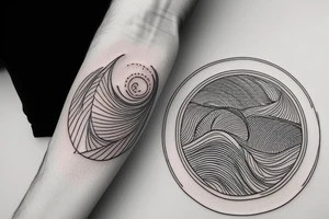 thin tattoo for the forearm, about 1.5  inches wide and 5 inches long. the tattoo should have waves, trees, mountains, sun, and moon and a small fibonacci spiral. tattoo idea