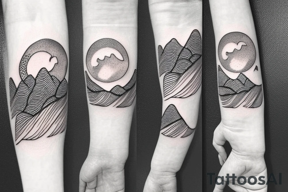 thin tattoo for the forearm, about 1.5  inches wide and 5 inches long. the tattoo should have waves, trees, mountains, sun, and moon and a small fibonacci spiral. tattoo idea