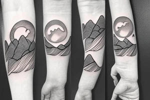 thin tattoo for the forearm, about 1.5  inches wide and 5 inches long. the tattoo should have waves, trees, mountains, sun, and moon and a small fibonacci spiral. tattoo idea