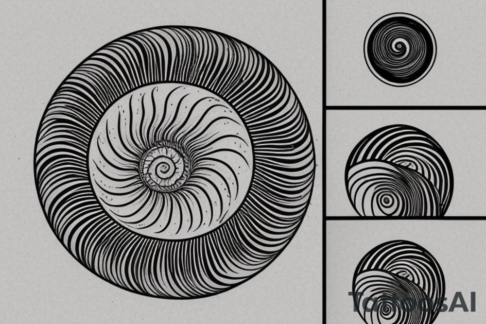 a small fibonacci spiral with a sun and a moon. add waves and mountains in a line. tattoo idea