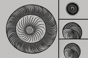 a small fibonacci spiral with a sun and a moon. add waves and mountains in a line. tattoo idea