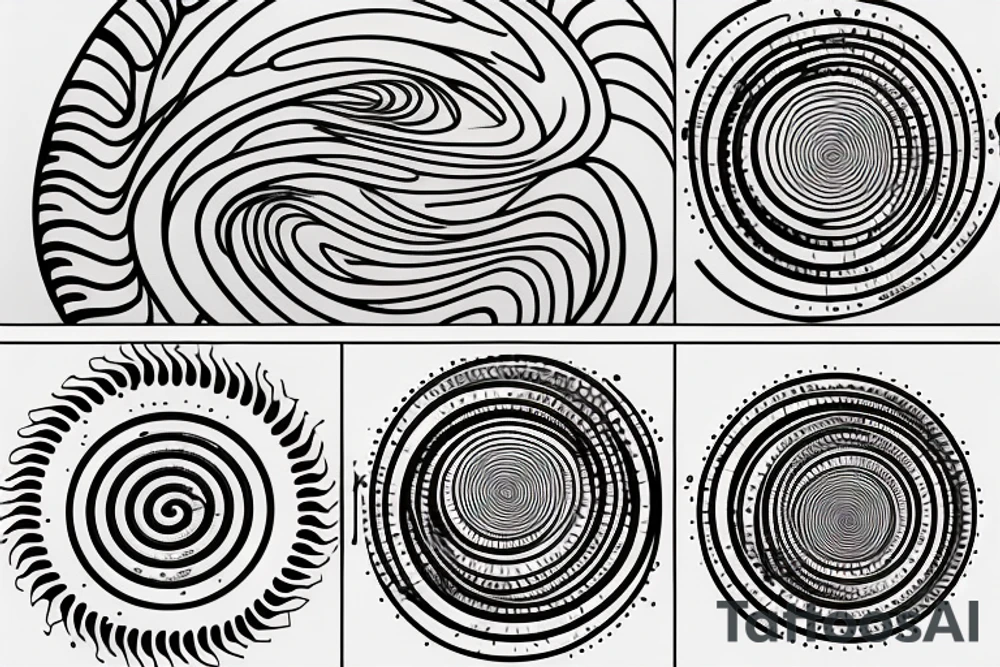 a small fibonacci spiral with a sun and a moon. add waves and mountains in a line. tattoo idea