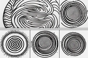 a small fibonacci spiral with a sun and a moon. add waves and mountains in a line. tattoo idea