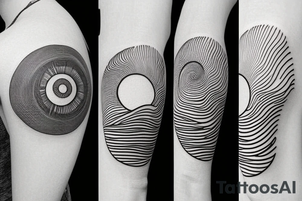 a small fibonacci spiral with a sun and a moon with ocean waves and mountains in a line. tattoo idea