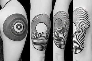 a small fibonacci spiral with a sun and a moon with ocean waves and mountains in a line. tattoo idea
