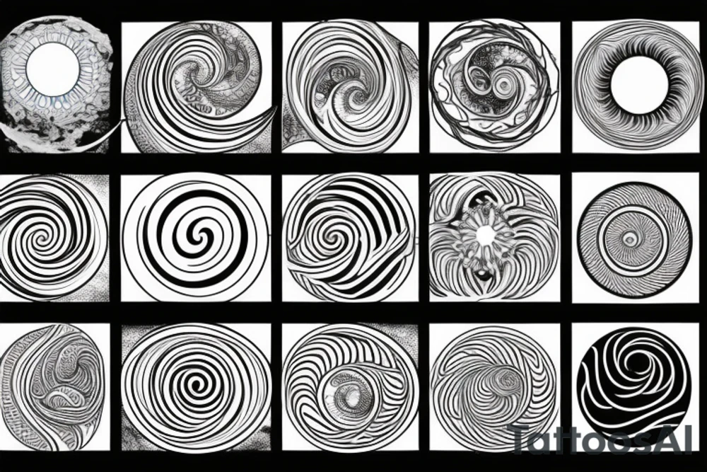a small fibonacci spiral with a sun and a moon with ocean waves and mountains in a line. tattoo idea